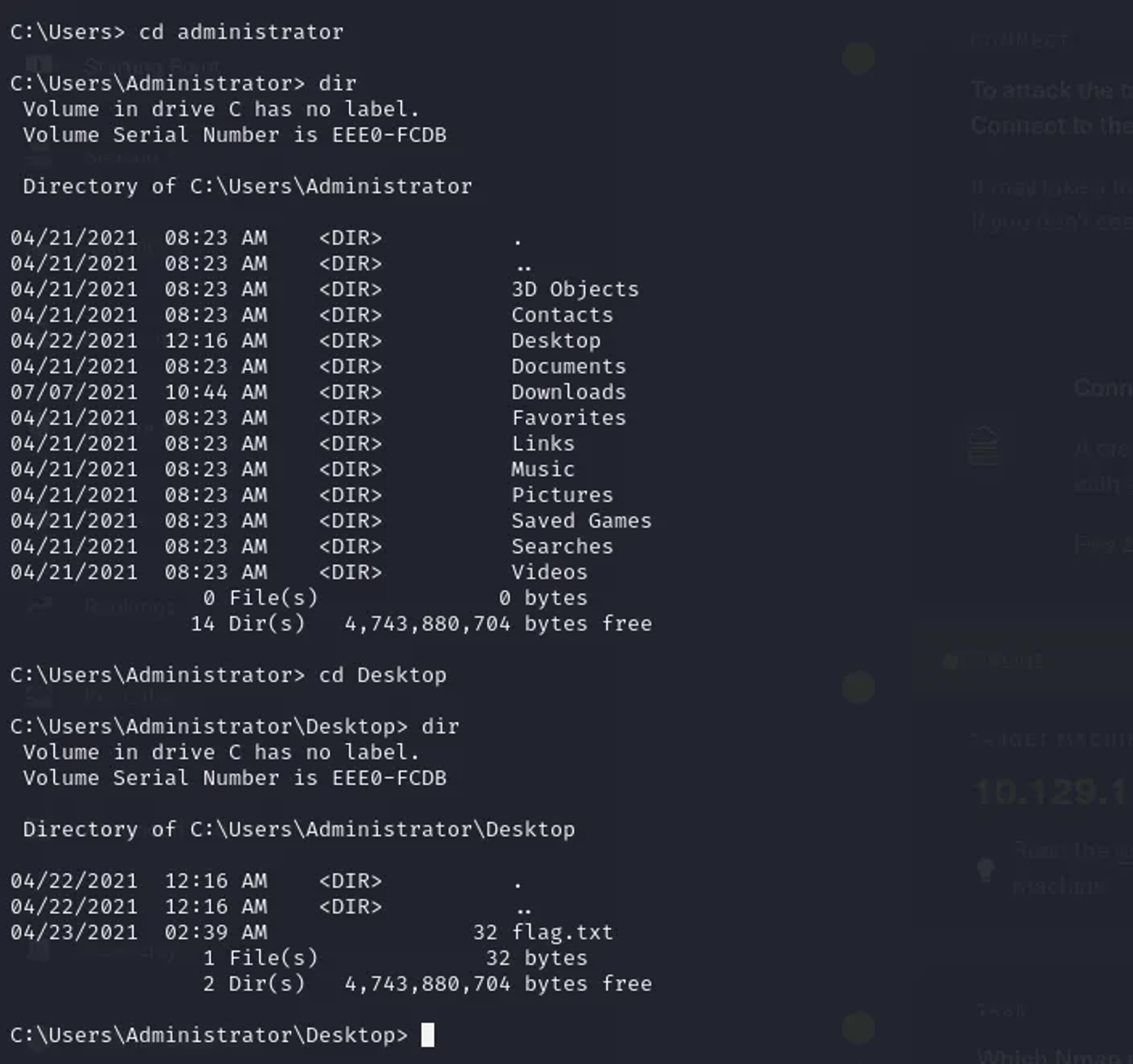 Navigating the C workshare directory. flag.txt is positioned in the /Users/Administrtor/Desktop.