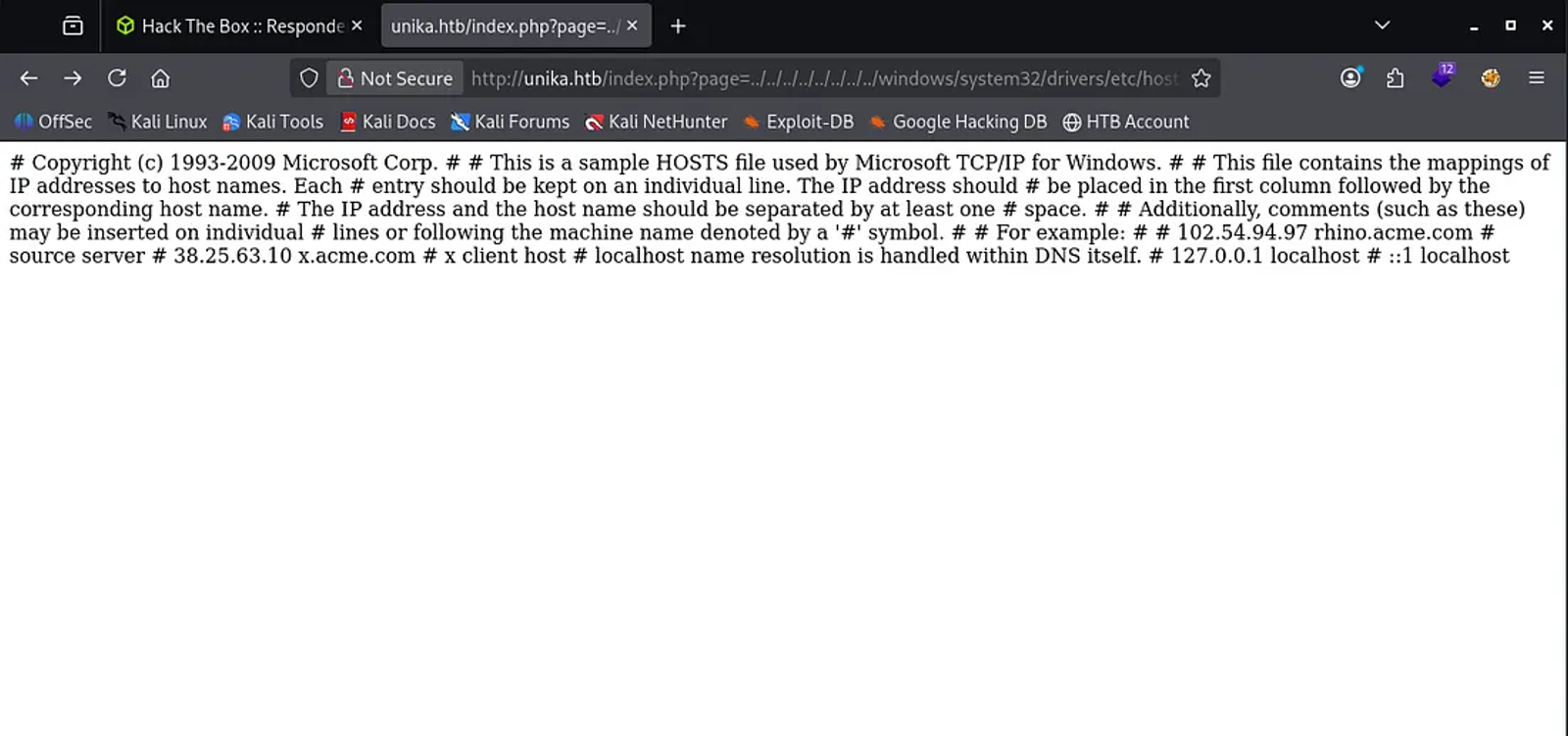 Displaying the content of the hosts file by exploiting the LFI vulnerability in the web server.