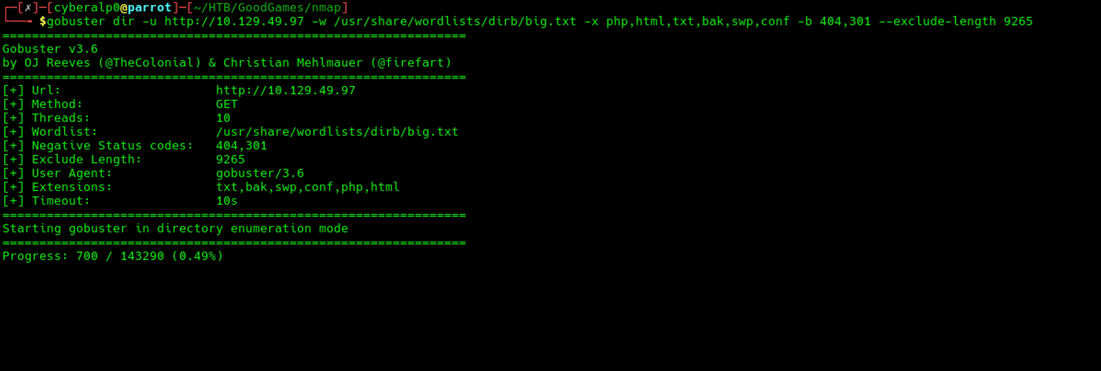 Directory brute forcing with blacklisting all the HTTP status codes 404, and 301, Leaving only the most interesting responses.