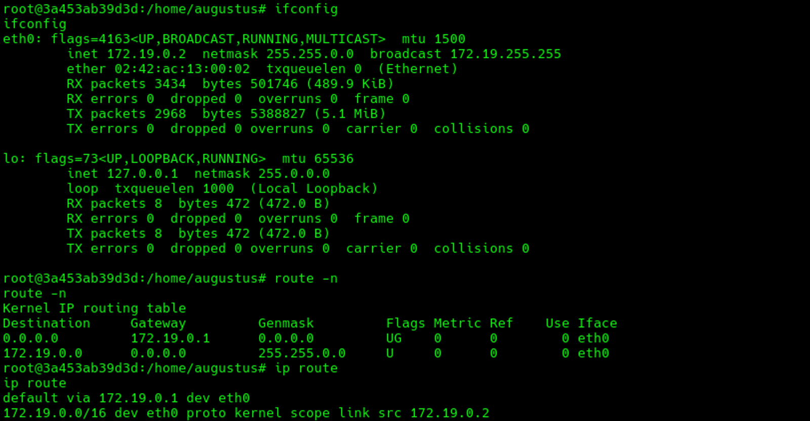 Getting the IP address of the container and the default gateway "The host" as well.