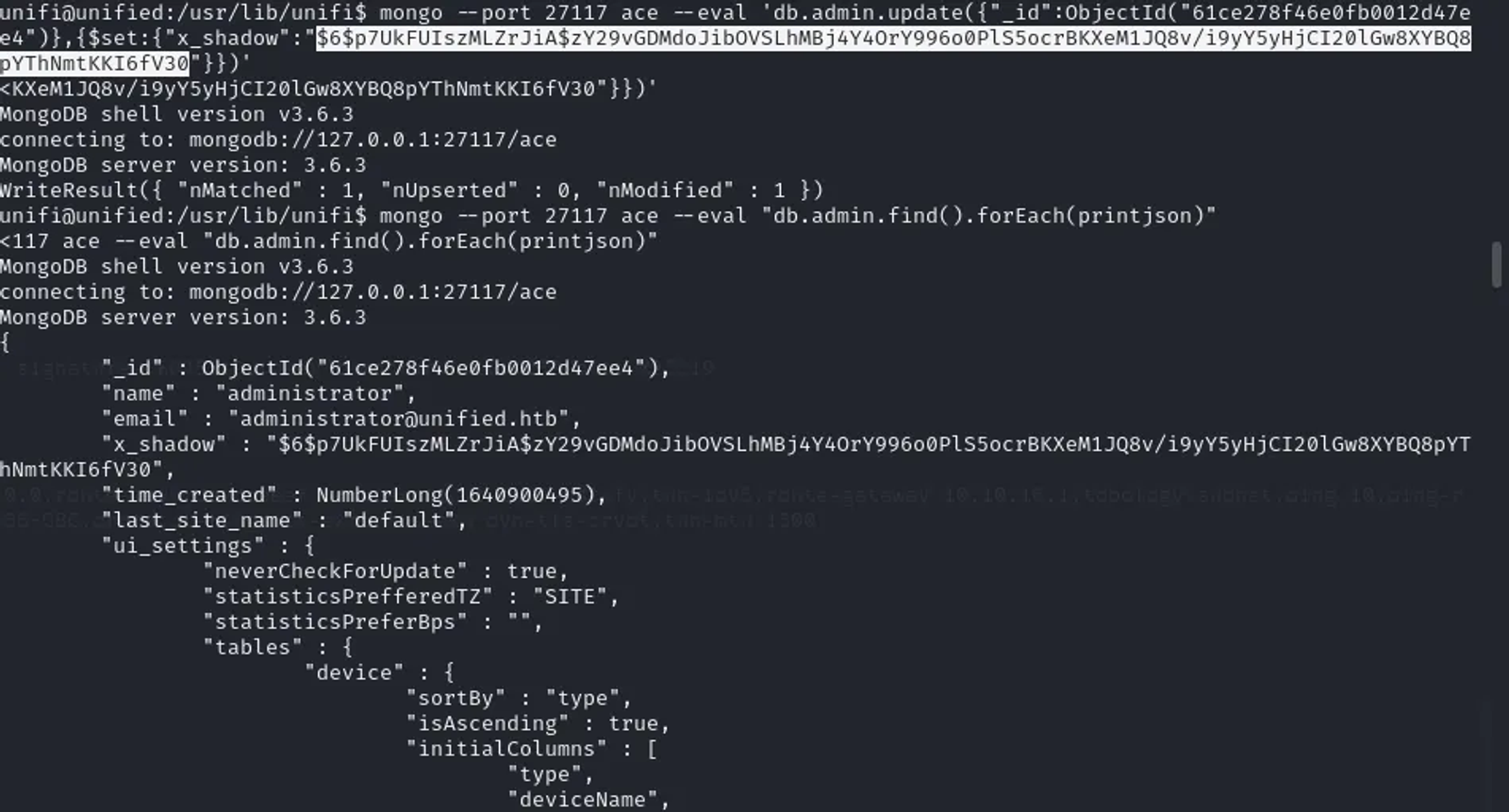 Updating the hashed password of the administrator user.