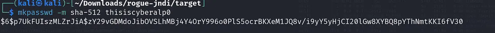 Using the mkpasswd command to create a hashed password of the password “thisiscybseralp0”. “-m” option is used for selecting the mode for creating the password.
