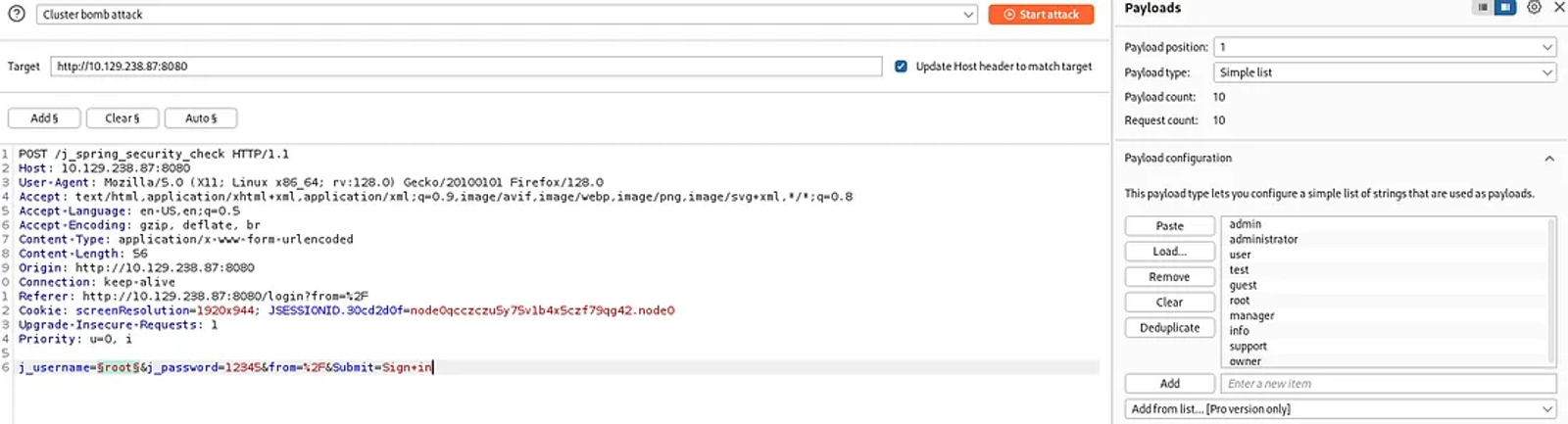 Select the first position, which is the username and paste all the possible usernames in the payload configuration.