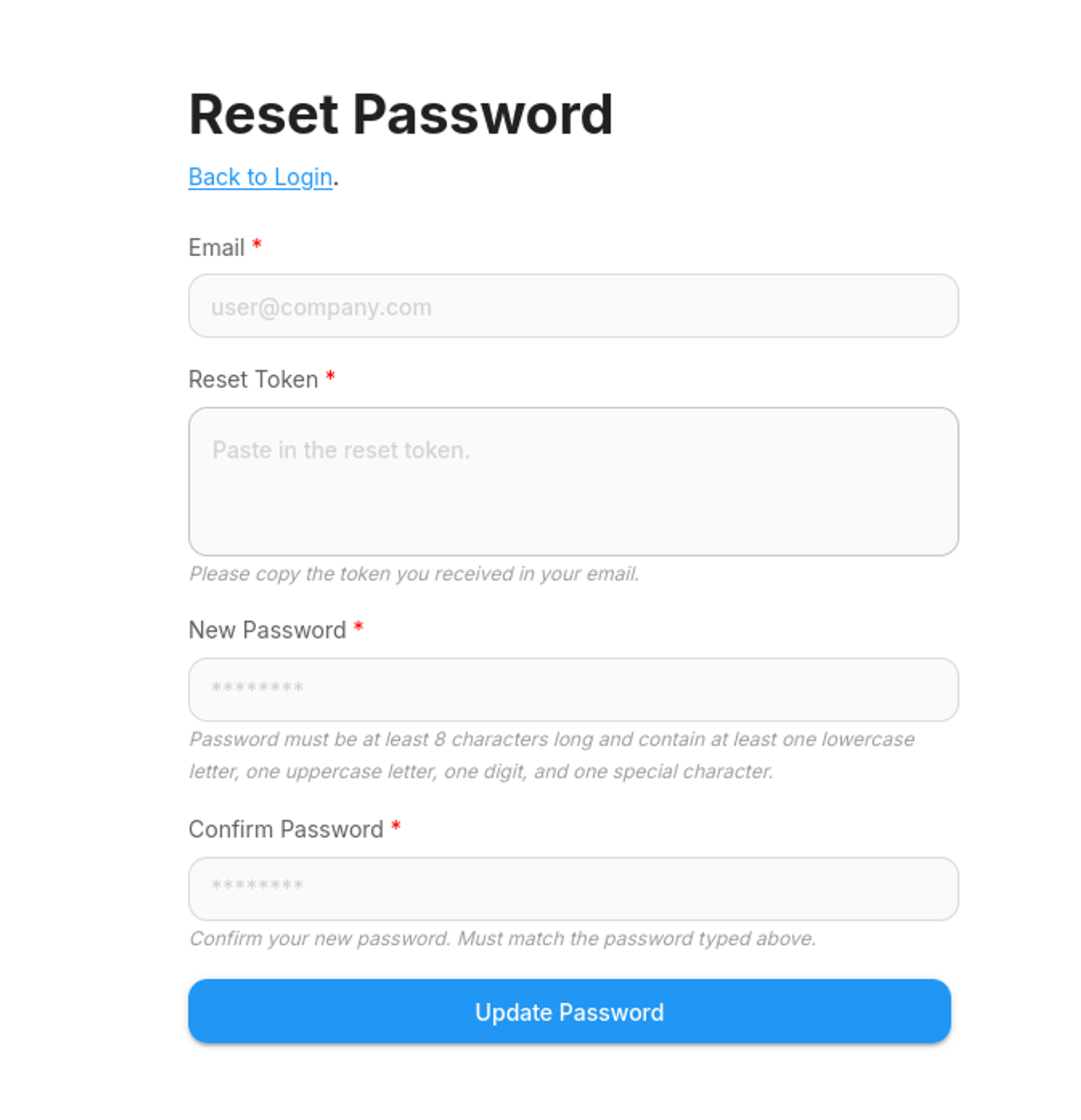 Resetting the password by entering the email and the temp token capture