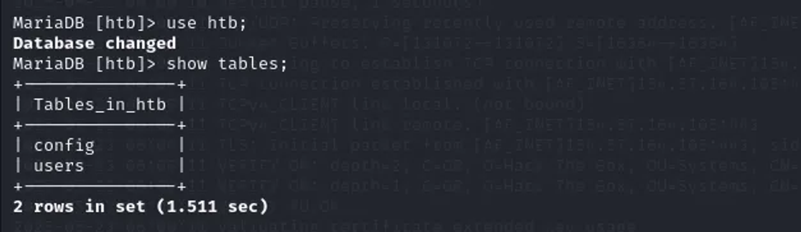 Showing the tables inside HTB database.