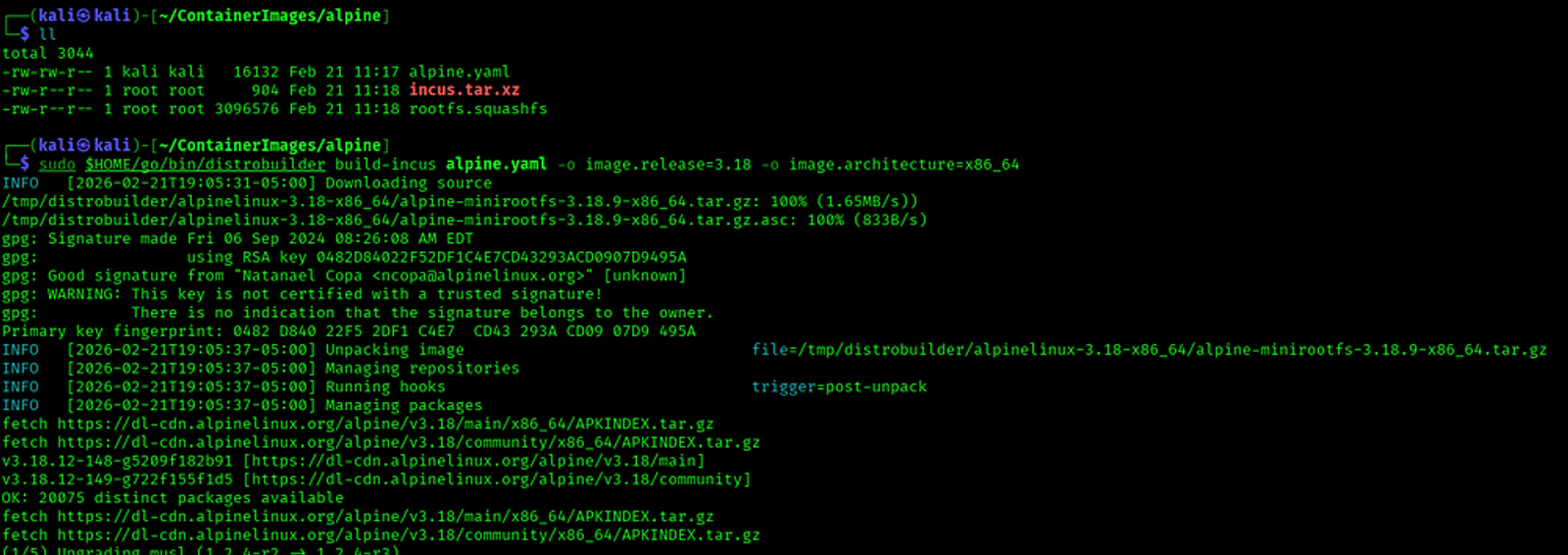 Building a custom Alpine Linux (3.18, x86_64) container image using distrobuilder, preparing it for use with LXD containers.