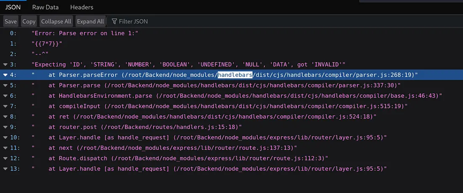 The error indicates that the templating engine that is being used is called handlebars.