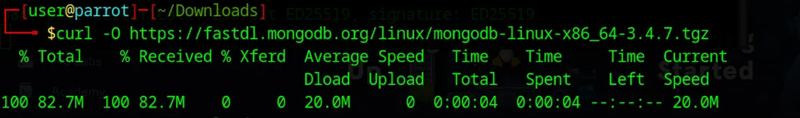 Downloading the MongoDB packages in Parrot using Curl.