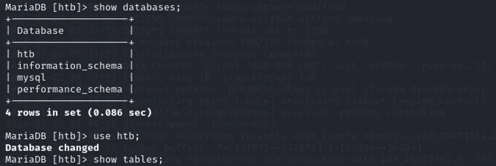 Switching to “HTB” database.
