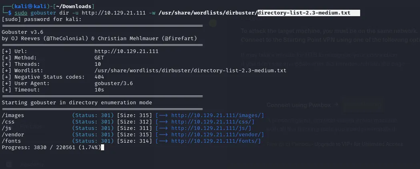 Enumerating the directories of the target web server using gobuster and the “dir” option.
