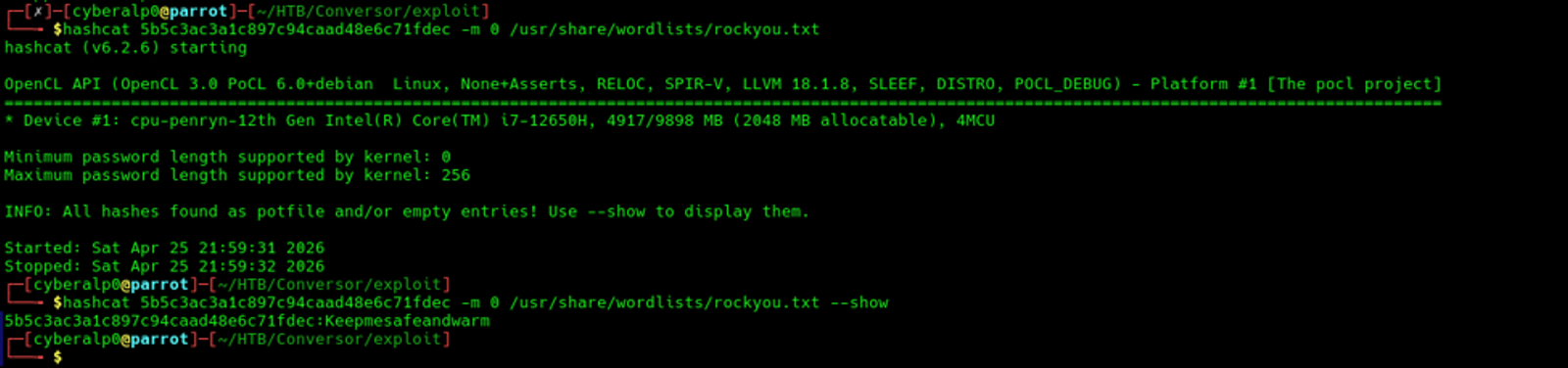 Getting the password of the hash. The password for the user “fismathack” is “Keepmesafeandwarm”