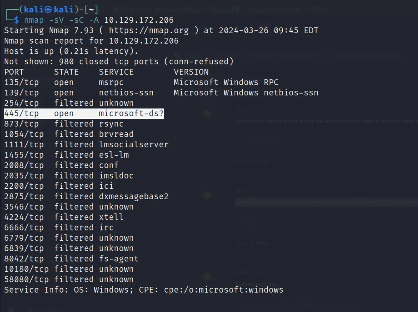 Scanning for the Version names (-sV), using the default scanning scripts (-sC), and aggressive scan option (-A)