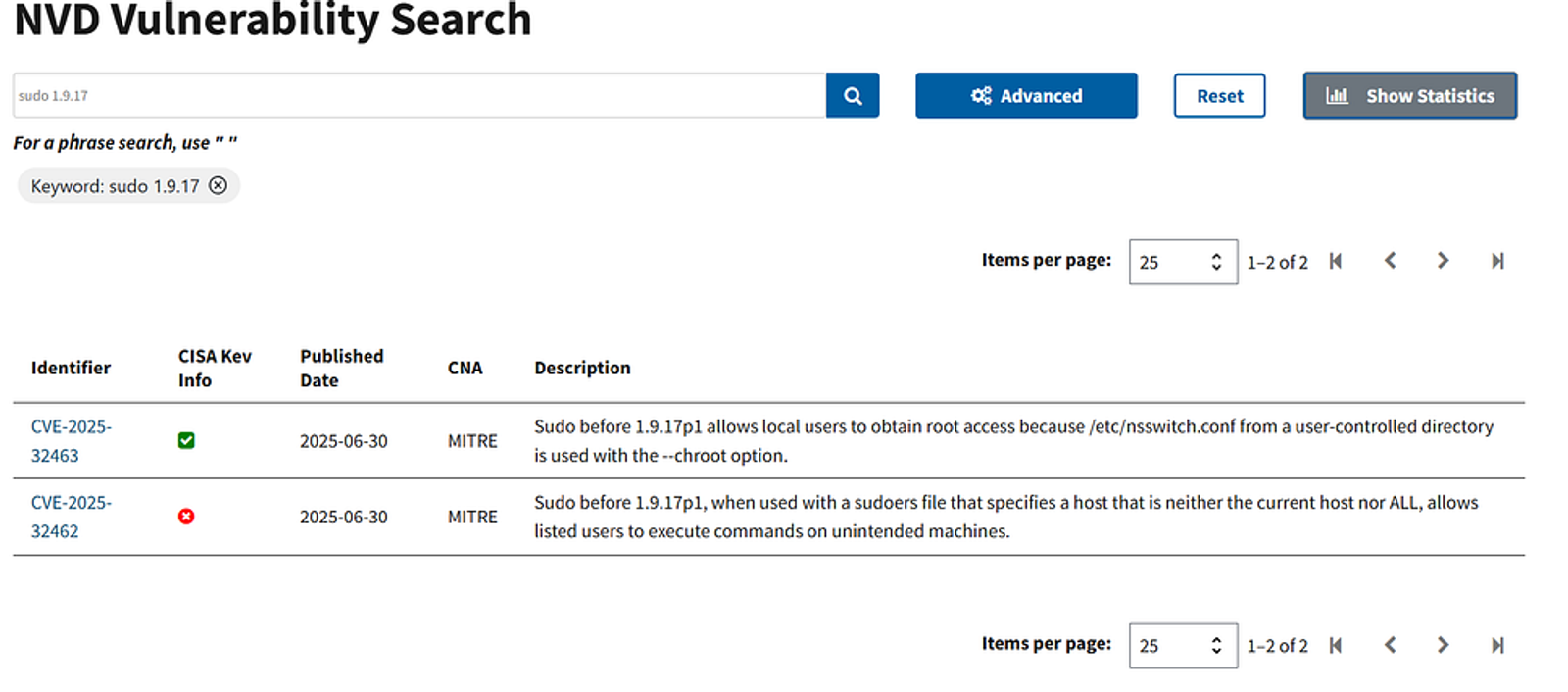 There is a CVE associated to sudo version 1.9.17. The ID of the CVE is 2025–42463.
