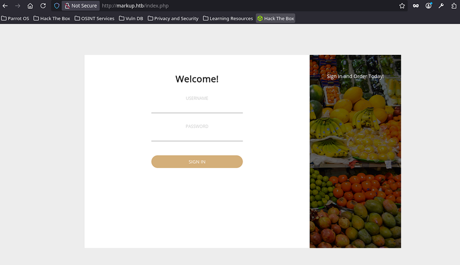 Login page for the machine.