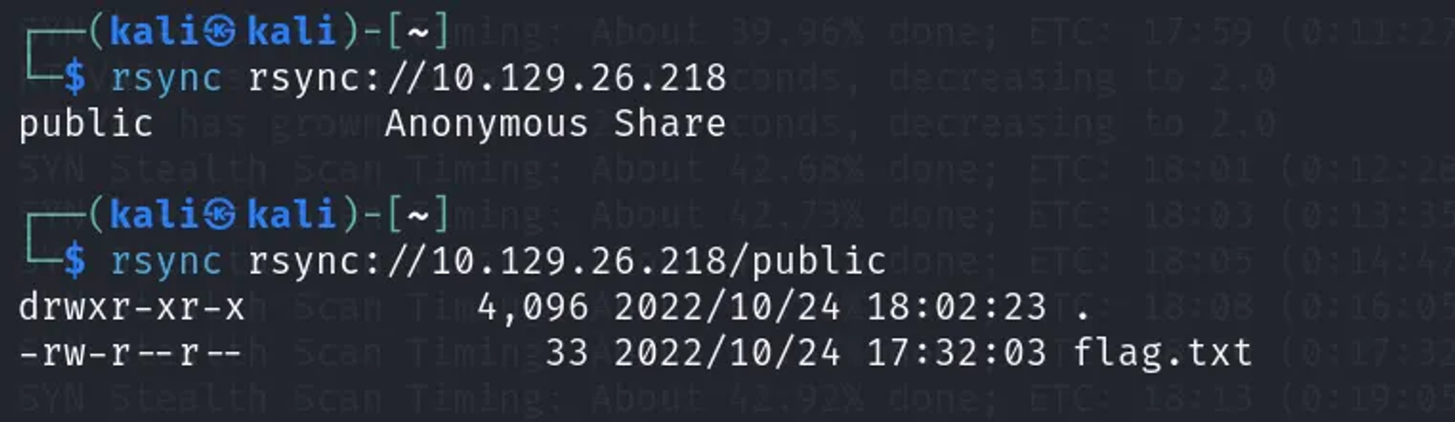 Interacting with the Rsync database using the rsync command followed by the source IP