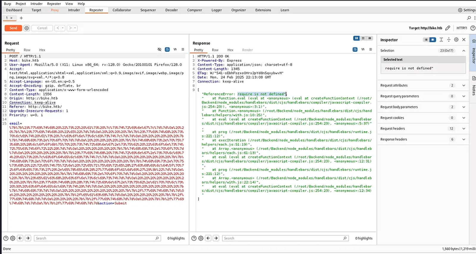 The server response to the payload we have inserted. It mentiones that require is not defined.