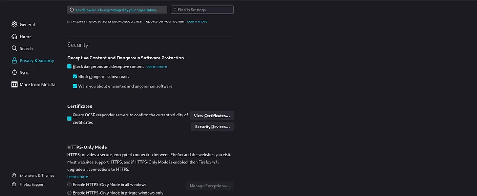 Viewing the certificates installed in the browser.