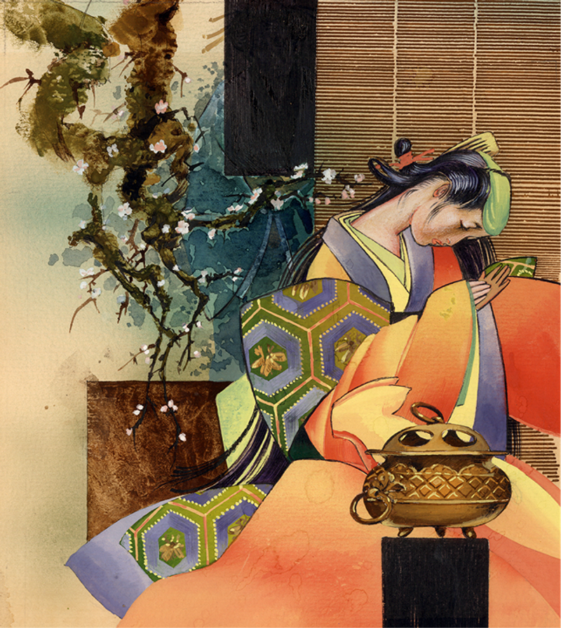 Geisha in an orange kimono