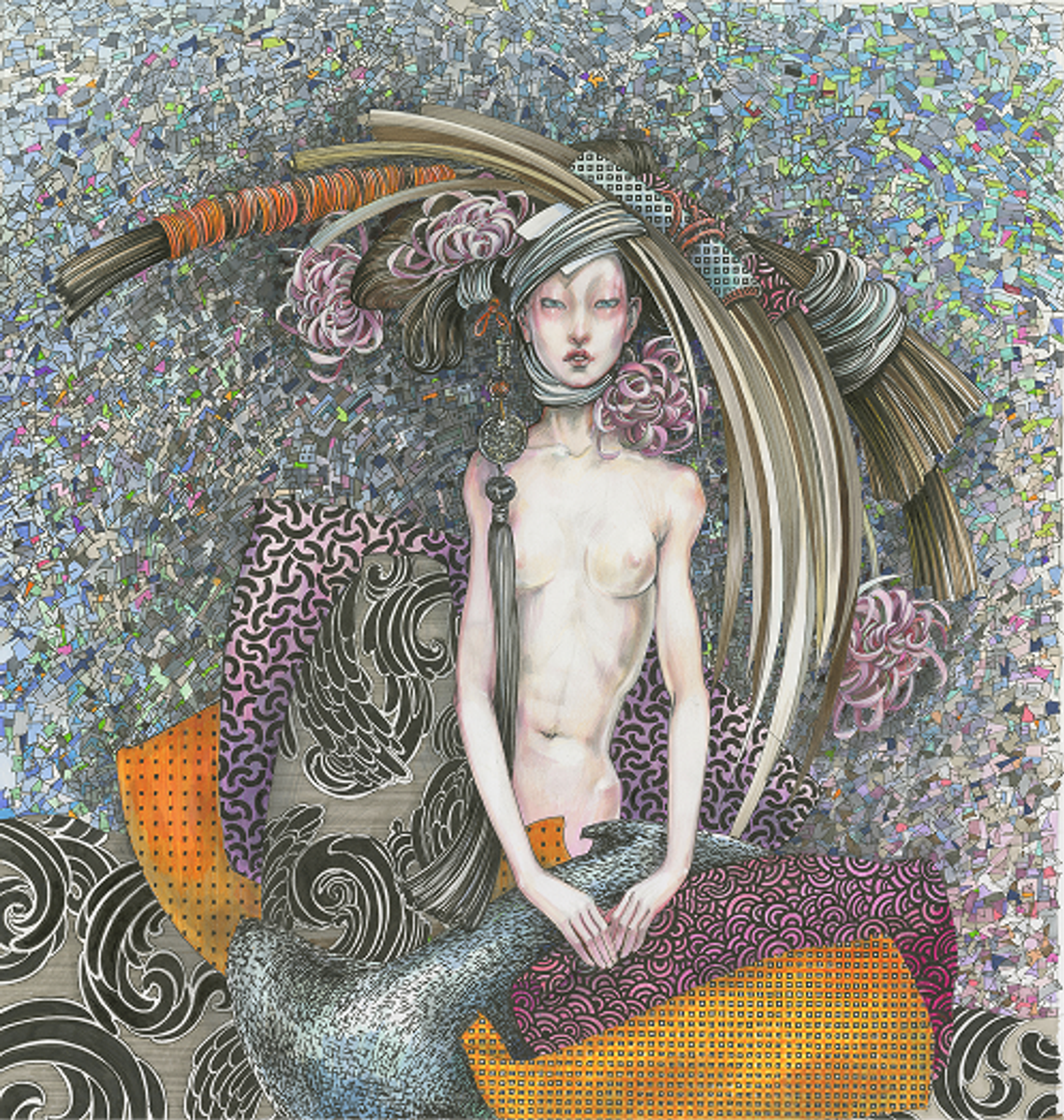 Geisha with purple chrysanthemums