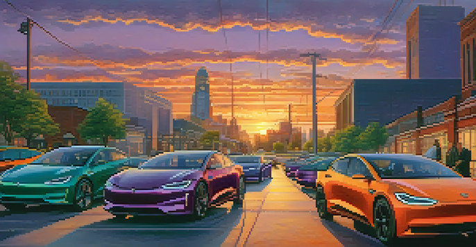 A scenic view of Detroit with engineers working on an electric vehicle prototype against a colorful sunset backdrop.