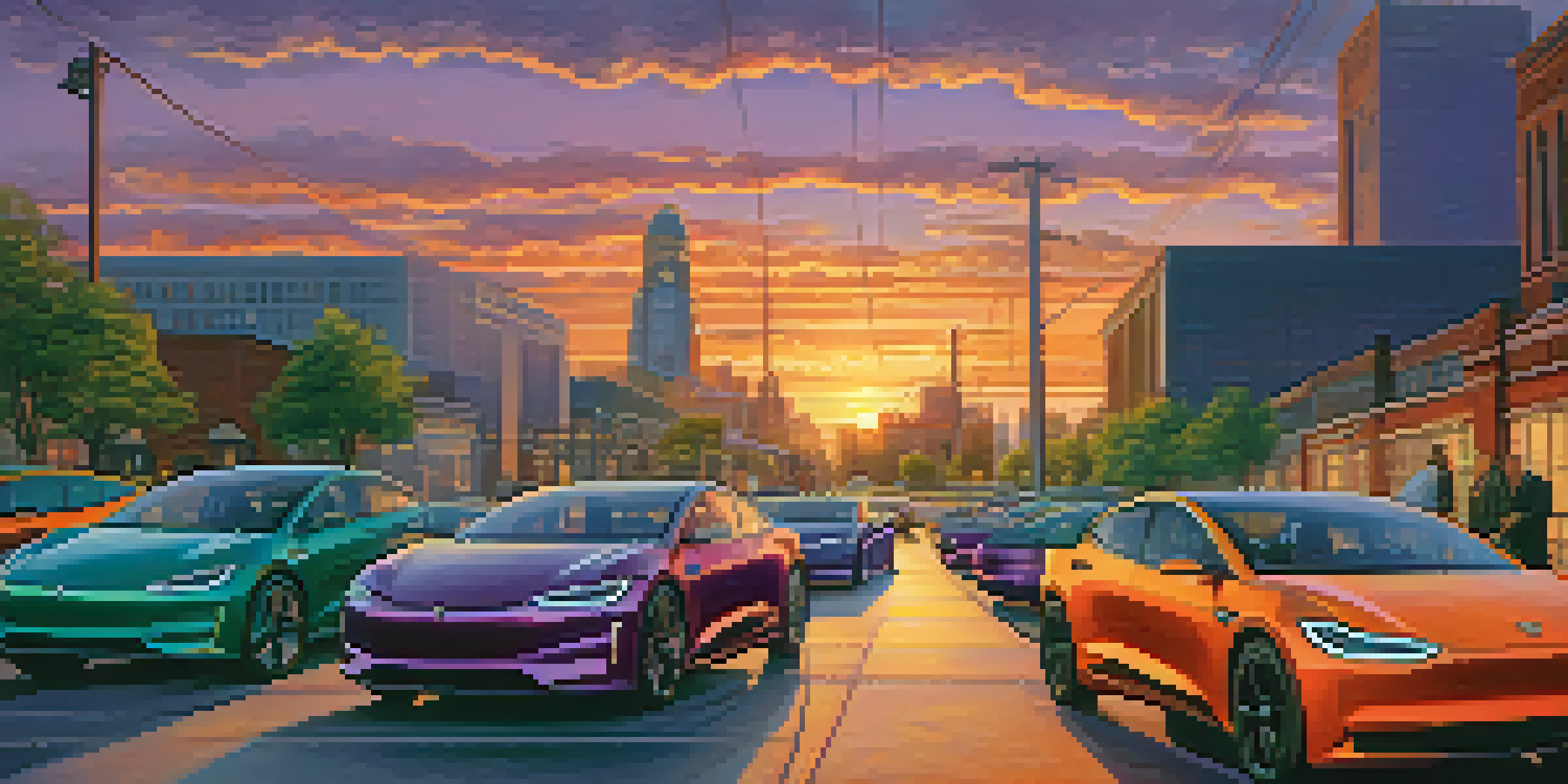 A scenic view of Detroit with engineers working on an electric vehicle prototype against a colorful sunset backdrop.