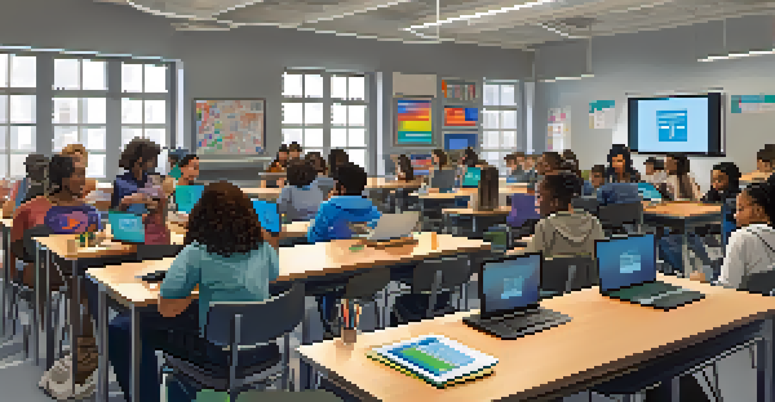 A classroom filled with diverse young people engaged in a digital literacy workshop, surrounded by technology and an instructor.