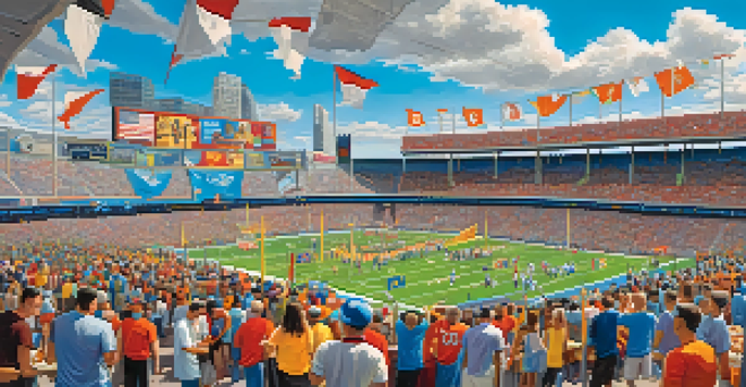 A lively atmosphere outside a sports stadium with fans in jerseys, food vendors, and colorful banners on a clear blue sky day.