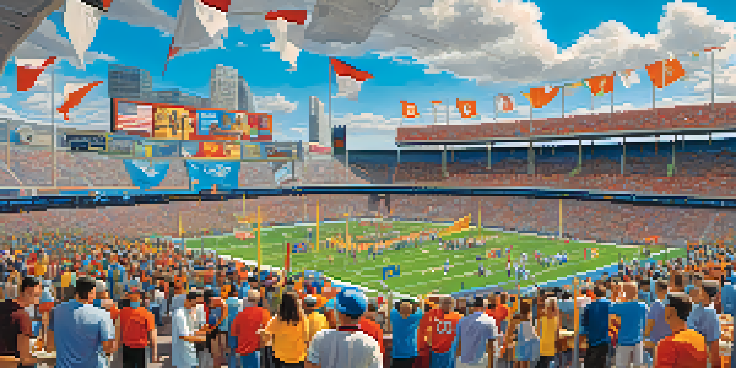A lively atmosphere outside a sports stadium with fans in jerseys, food vendors, and colorful banners on a clear blue sky day.