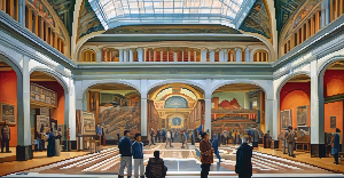 Interior view of the Detroit Institute of Arts featuring the Diego Rivera Court with colorful murals and visitors.