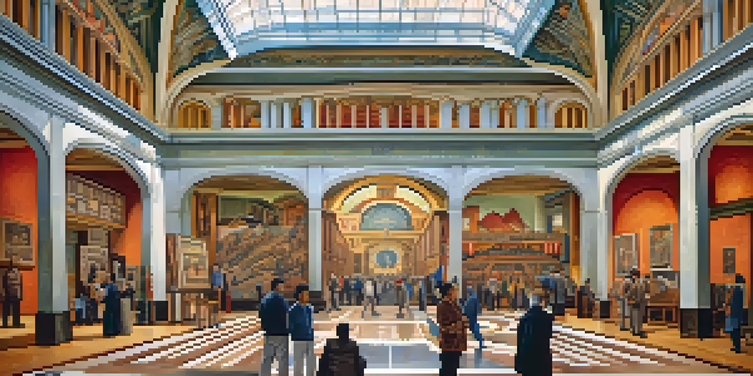 Interior view of the Detroit Institute of Arts featuring the Diego Rivera Court with colorful murals and visitors.