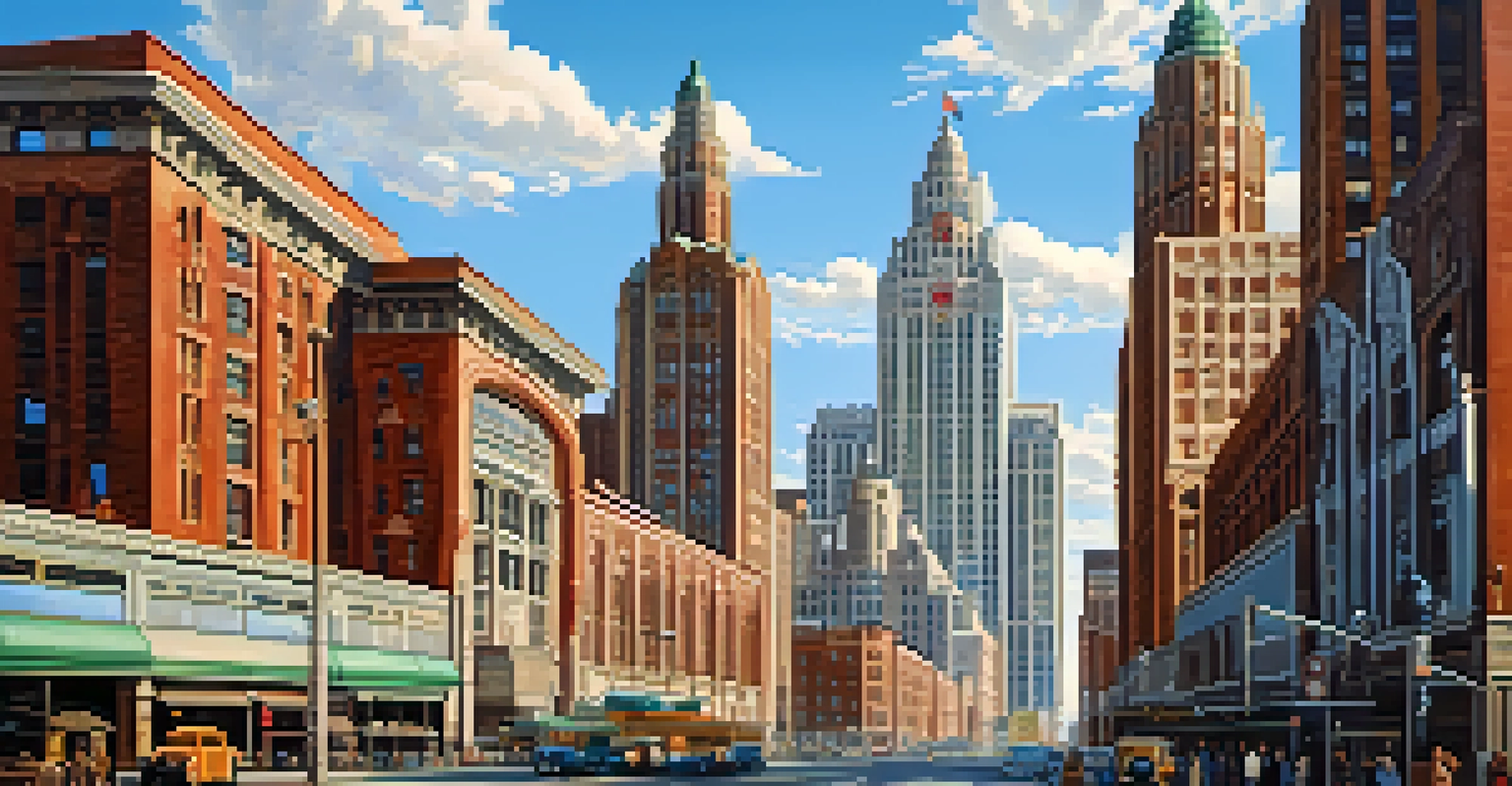 A street view of Detroit highlighting the Guardian Building and various architectural styles including Art Deco and Modernism, under a bright blue sky.