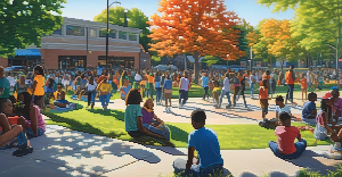 A lively park scene in Detroit with young people engaged in activities, surrounded by colorful murals and greenery under bright sunlight.
