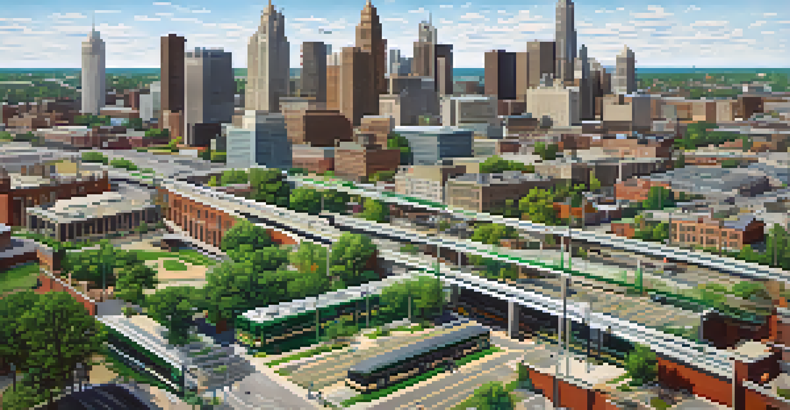 Aerial view of Detroit's public transit network featuring buses, streetcars, and bike lanes amidst green spaces and urban areas.