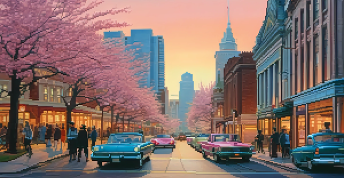 A sunset view of Detroit's skyline with electric and classic cars, cherry blossom trees, and people enjoying the atmosphere.