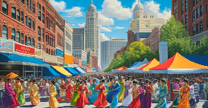 A lively street festival in Detroit featuring people in traditional costumes and a backdrop of the city skyline, celebrating Asian Pacific American heritage.